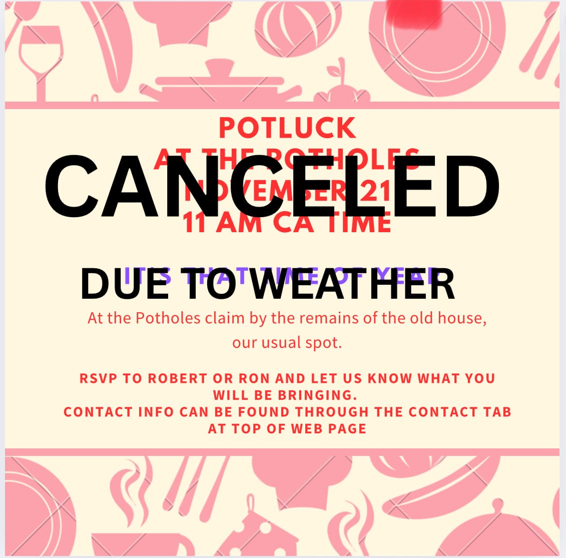 Canceled. The 2025 Potholes Potluck has been canceled due to weather. background